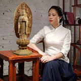 Wooden pharmacist Large Buddha statue Solid wood carving Lotus Tower Home living room decoration crafts  43cm / 16.89 in