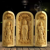 Statue de bouddha Guanyin en bois exquis, sculpture sur bois Sansheng occidental