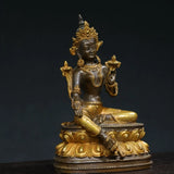 Statue tibétaine népalaise en laiton doré vert Tara Bodhisattva assis