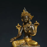 Statue tibétaine népalaise en laiton doré vert Tara Bodhisattva assis